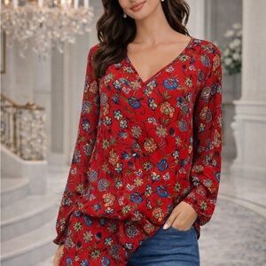 Chelsea & Theodore Red Floral V-Neck Long-Sleeve Blouse